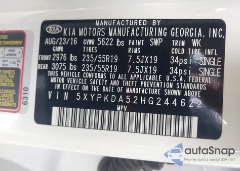 2017 Kia Sorento 3.3L Sxl z USA, uszkodzony, nr VIN 5XYPKDA52HG244622